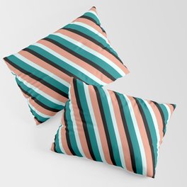 [ Thumbnail: Dark Salmon, Light Cyan, Teal & Black Colored Lined/Striped Pattern Pillow Sham ]