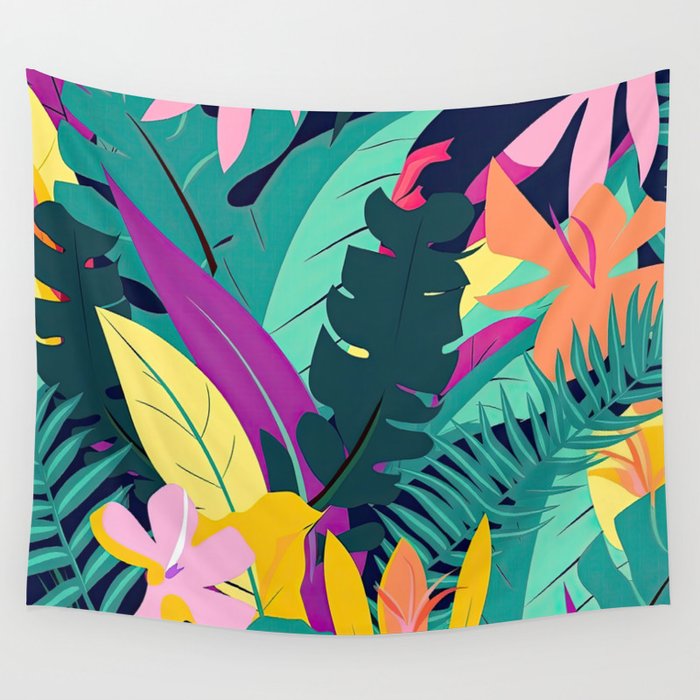 Tropical Jungle Pattern of Colorful Foliage Wall Tapestry