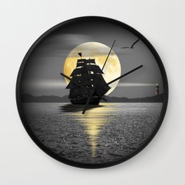 A ship with black sails Wall Clock | Graphicdesign, Sailship, Sea, Moonlight, Night, Ocean, Maritime, Digital, Other, Illustration 