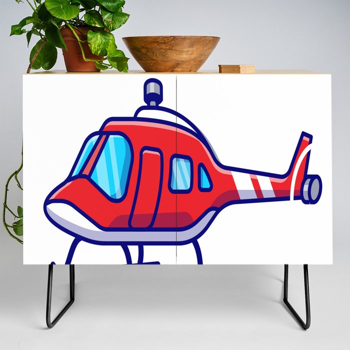 Illustrated Flying Red Helicopter Credenza