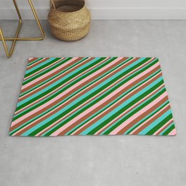 [ Thumbnail: Turquoise, Dark Green, Pink, and Sienna Colored Lines Pattern Rug ]