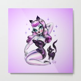 Purple Hair Kitten Halloween Pinup Metal Print | Kitten, Goth, Acrylic, Cats, Spookycute, Ink Pen, Drawing, Halloween, Spooky, Vintage 