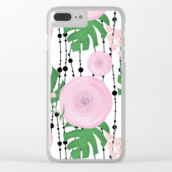 Pink flowers on a white background with black beads. Clear iPhone Case