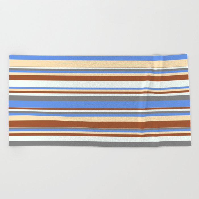 Colorful Sienna, Mint Cream, Gray, Cornflower Blue & Beige Colored Striped Pattern Beach Towel