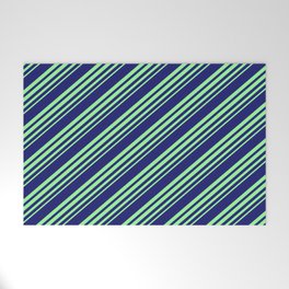 [ Thumbnail: Midnight Blue and Green Colored Stripes Pattern Welcome Mat ]