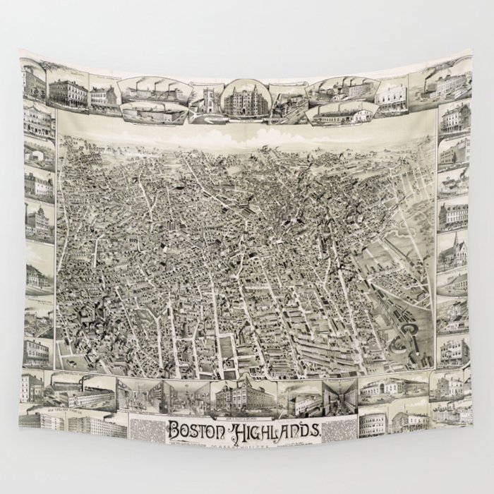Vintage Pictorial Map of The Boston Suburbs (1888) Wall Tapestry by 
