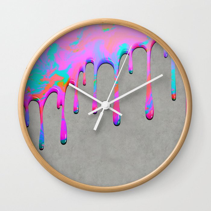 Pink Dripping Paint on Grey Wall Clock