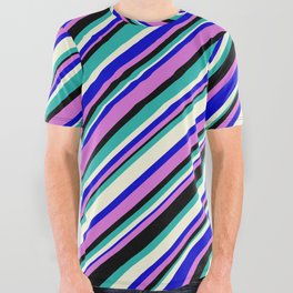 [ Thumbnail: Blue, Orchid, Black, Light Sea Green & Beige Colored Pattern of Stripes All Over Graphic Tee ]