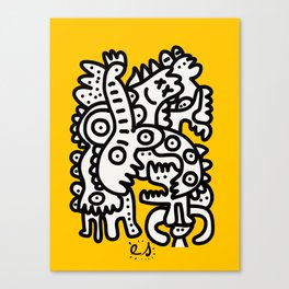 Black and White Cool Monsters Graffiti on Yellow Background Canvas Print