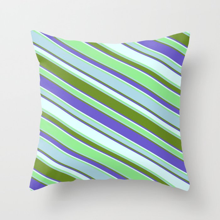 Colorful Light Blue, Green, Slate Blue, Light Cyan & Light Green Colored Stripes Pattern Throw Pillow