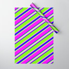[ Thumbnail: Green, Light Gray, Fuchsia & Blue Colored Stripes/Lines Pattern Wrapping Paper ]