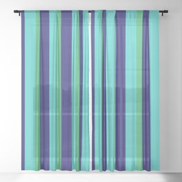 [ Thumbnail: Sea Green, Turquoise & Midnight Blue Colored Lines Pattern Sheer Curtain ]