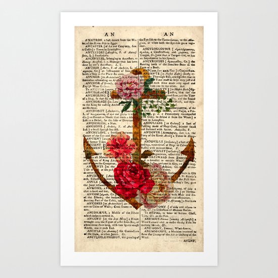 Vintage Anchor with Flowers Dictionary Art Art Print