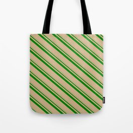 [ Thumbnail: Green & Tan Colored Pattern of Stripes Tote Bag ]