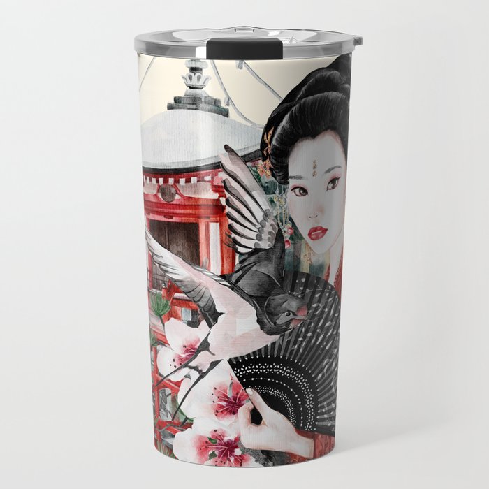 Beautiful Geisha In A Japanese Garden Travel Mug