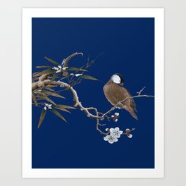 Puffin on Blossom Tree Chinese Silk Painting Art Print