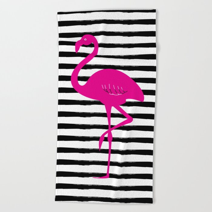 Flamingo & Stripes - Black Hot Pink Beach Towel
