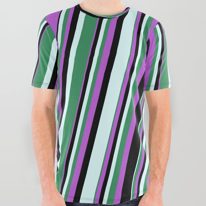 Orchid, Black, Light Cyan, and Sea Green Colored Lined/Striped Pattern All Over Graphic Tee