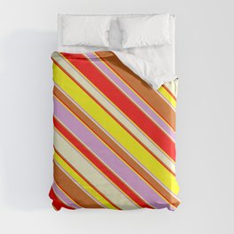 [ Thumbnail: Eyecatching Red, Yellow, Plum, Light Yellow & Chocolate Colored Stripes Pattern Duvet Cover ]