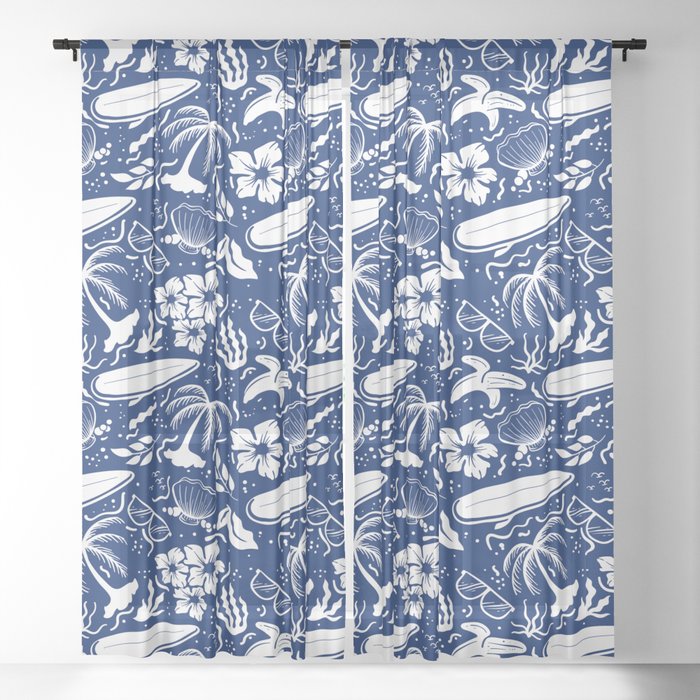 Blue and White Surfing Summer Beach Objects Seamless Pattern Sheer Curtain