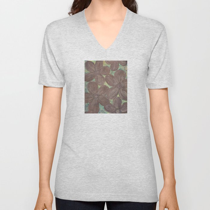 Large Dark Blue Flowers V Neck T Shirt