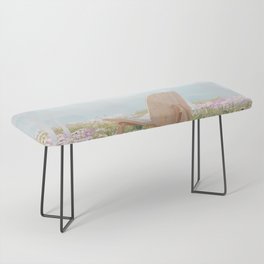 One with nature; bio home of the future with meadows of flowers and solar windows color magical realism photograph / photography Bench