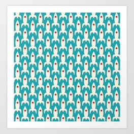 Retro Rockets - Midcentury Modern Atomic Age Rocket Pattern in Cream, Red, and Turquoise Art Print