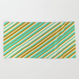 [ Thumbnail: Bisque, Turquoise, and Dark Goldenrod Colored Lines Pattern Beach Towel ]