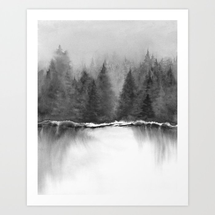 Rustic River III - Black and White Wall Art, River Forest Watercolor Painting, Tree Nature Art Art Print