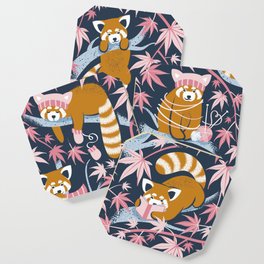 Red panda blending with the foliage // navy background desert sun brown cozy animals fog blue tree branches cotton candy and carissma pink acer leaves Coaster