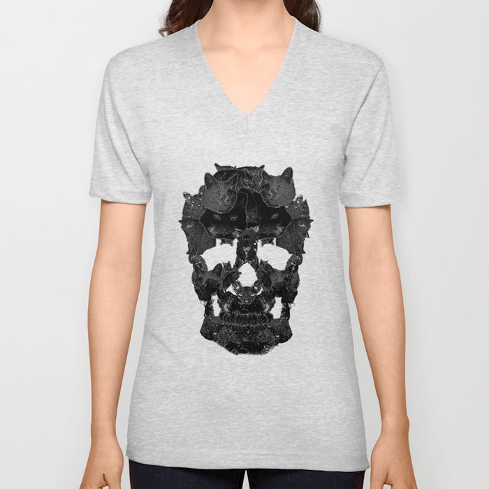 Sketchy Cat skull V Neck T Shirt