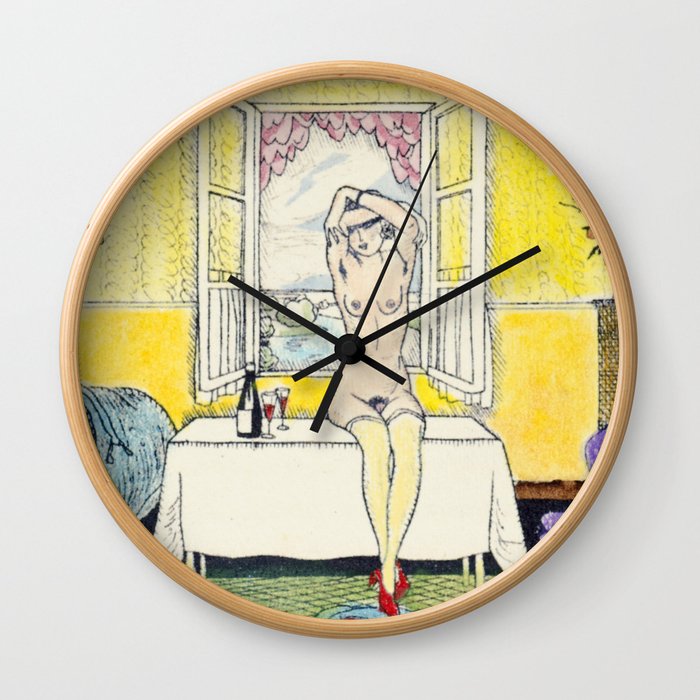 Vintage Erotic Hand Colored Nude Wine Glasses Blindfold Wall Clock