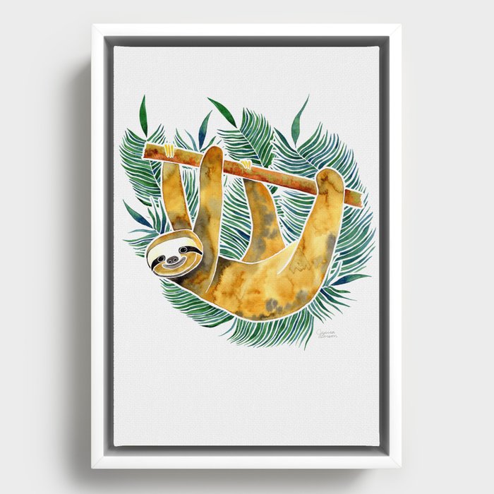 Jungle Sloth Watercolor Framed Canvas