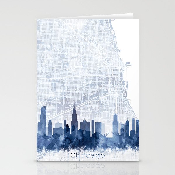 Chicago Skyline & Map Watercolor Navy Blue, by Zouzounio Art  Stationery Cards