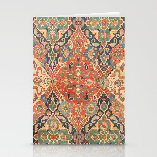 Geometric Leaves VII // 18th Century Distressed Red Blue Green Colorful Ornate Accent Rug Pattern Stationery Cards