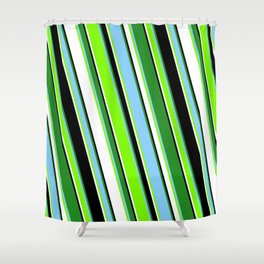 [ Thumbnail: Colorful Forest Green, Light Sky Blue, Green, White, and Black Colored Pattern of Stripes Shower Curtain ]