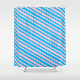 [ Thumbnail: Pink and Deep Sky Blue Colored Striped Pattern Shower Curtain ]