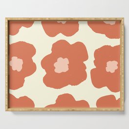 Large Pop-Art Retro Flowers in Red Rust on Cream Beige Background Serving Tray