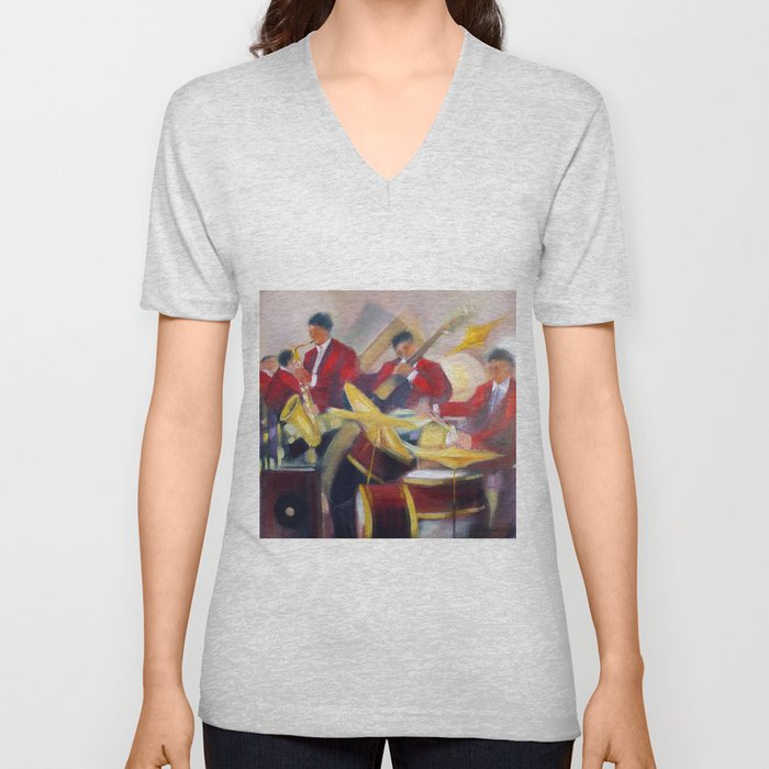 Bourbon Street Nocturnal African American Jazz Band musical portrait painting by Maurice Fillonneau, CC BY-SA 3.0 <https://creativecommons.org/licenses/by-sa/3.0>, via Wikimedia Commons V Neck T Shirt