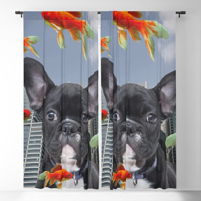 singapur Skyline with French Bulldog and Goldfish Illustration Blackout Curtain