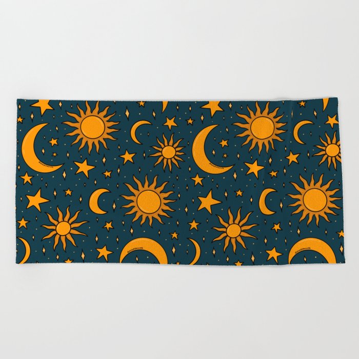 Vintage Sun and Star Print in Navy Beach Towel