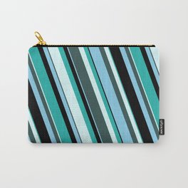 [ Thumbnail: Light Sea Green, Light Cyan, Dark Slate Gray, Sky Blue, and Black Colored Striped/Lined Pattern Carry-All Pouch ]