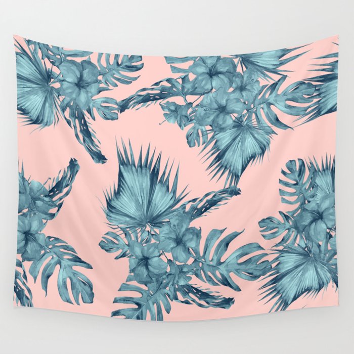 Dreaming of Hawaii Teal Blue on Millennial Pink Wall Tapestry