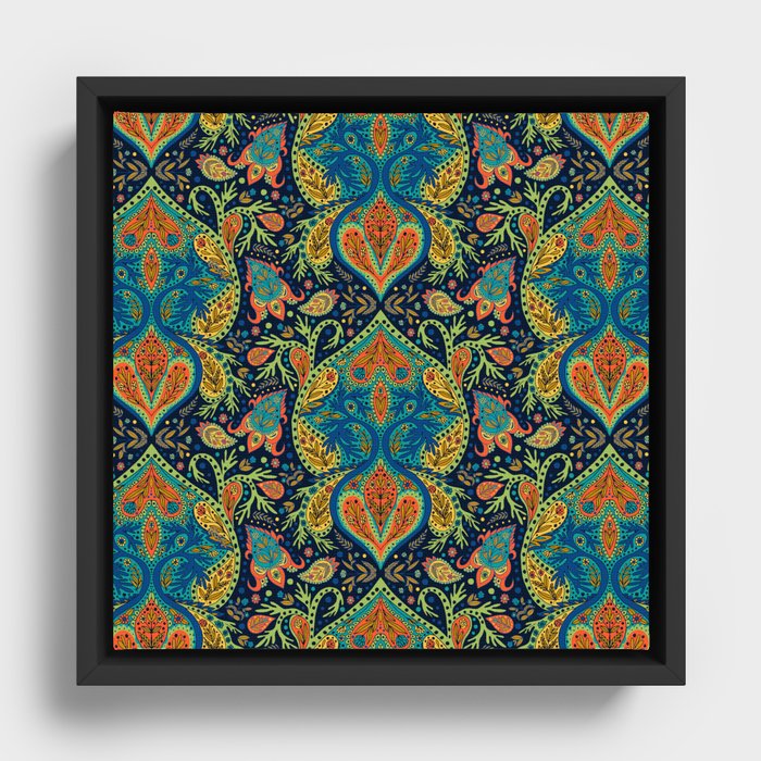 Boho Paisley Pattern in Blue, Orange, Yellow & Green Framed Canvas