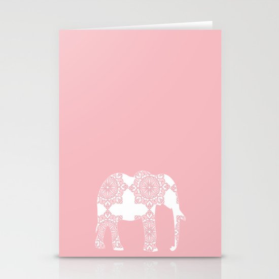 Animals Illustration - Pink Damask Elephant Stationery Cards