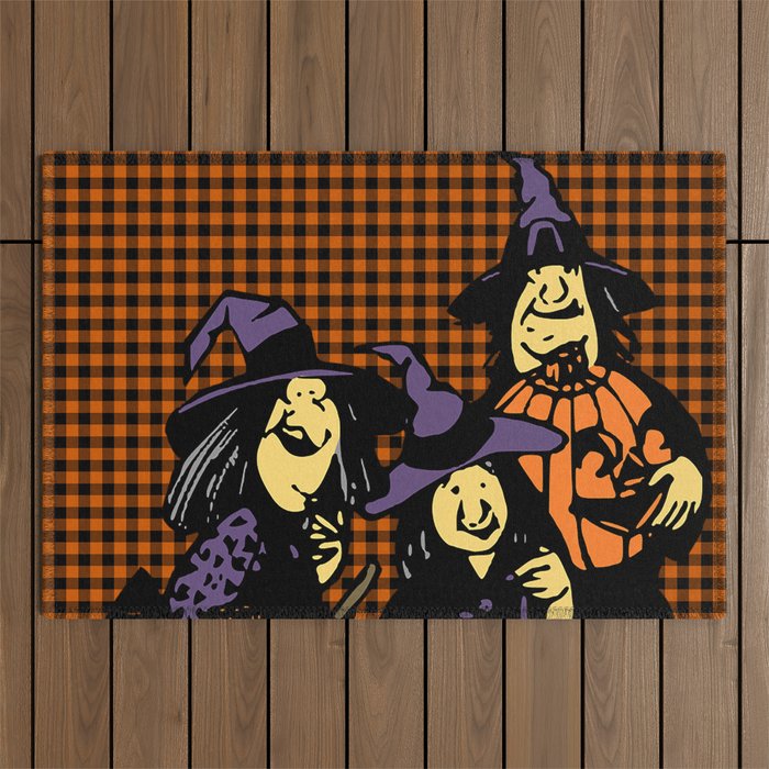 Funny Halloween Witches Pumpkin & Orange Buffalo Plaid Outdoor Rug