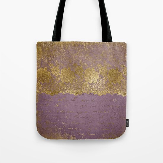 Romantic Bridal lace - Gold floral elegant lace on old purple paper Tote Bag