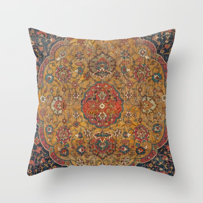 Persian Medallion Rug VI // 16th Century Distressed Red Green Blue Flowery Colorful Ornate Pattern Throw Pillow
