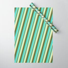 [ Thumbnail: Pale Goldenrod, Dark Olive Green & Turquoise Colored Lines Pattern Wrapping Paper ]