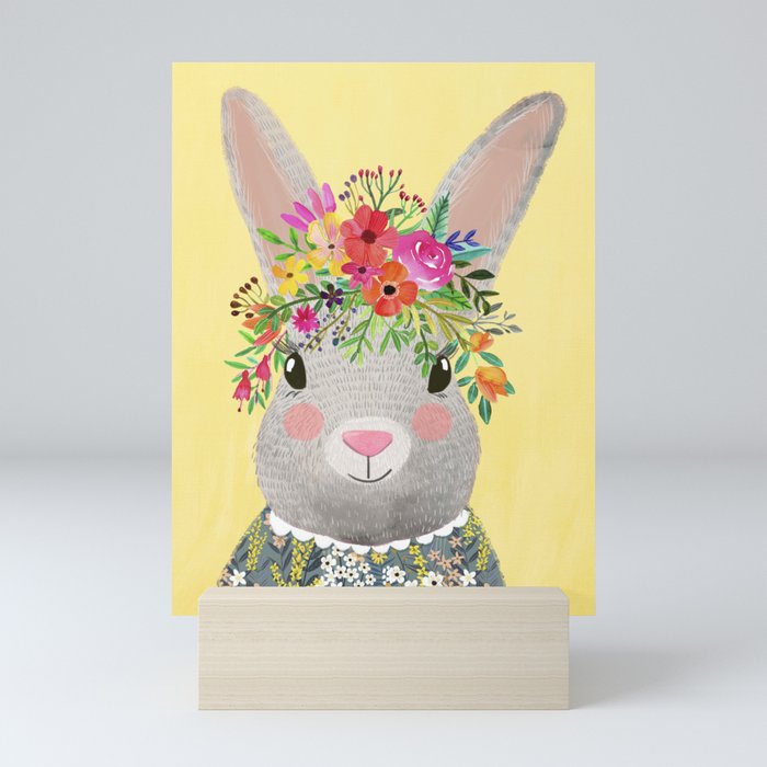 Rabbit with floral crown Mini Art Print